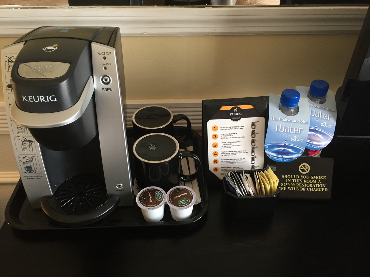 Pickwick Hotel Coffee Setup with bottled water.