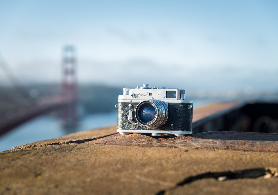 Camera with Golden Gate Bridge blurred in the background
